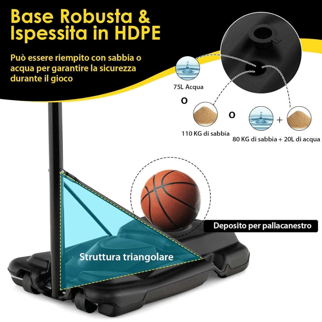 Canestro da Basket Portatile e Regolabile 130-305 cm con Ruote e Base Riempibile, Canestro da Basket Resistente alle Intemperie da Esterno ed Interno per Ragazzi e Adulti
