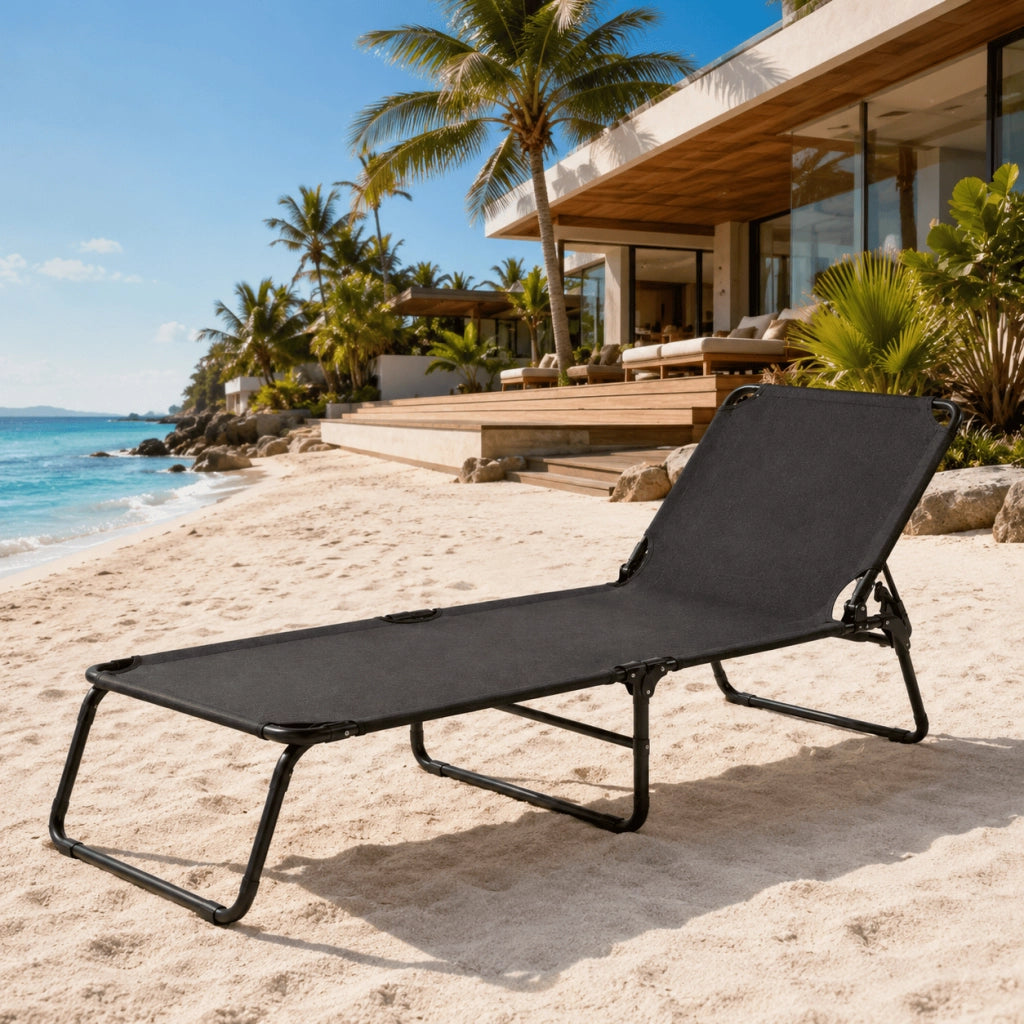Lettino Sdraio Pieghevole Prendisole Con Schienale Reclinabile Regolabile Telaio In Metallo Nero Per Mare Piscina Giardino 187 x 53 x 24 Cm Nero