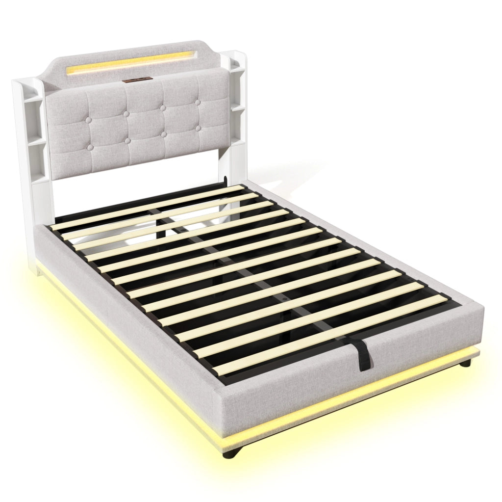 Letto imbottito 140x200 cm con contenitore; LED e ricarica USB Type-C in lino beige