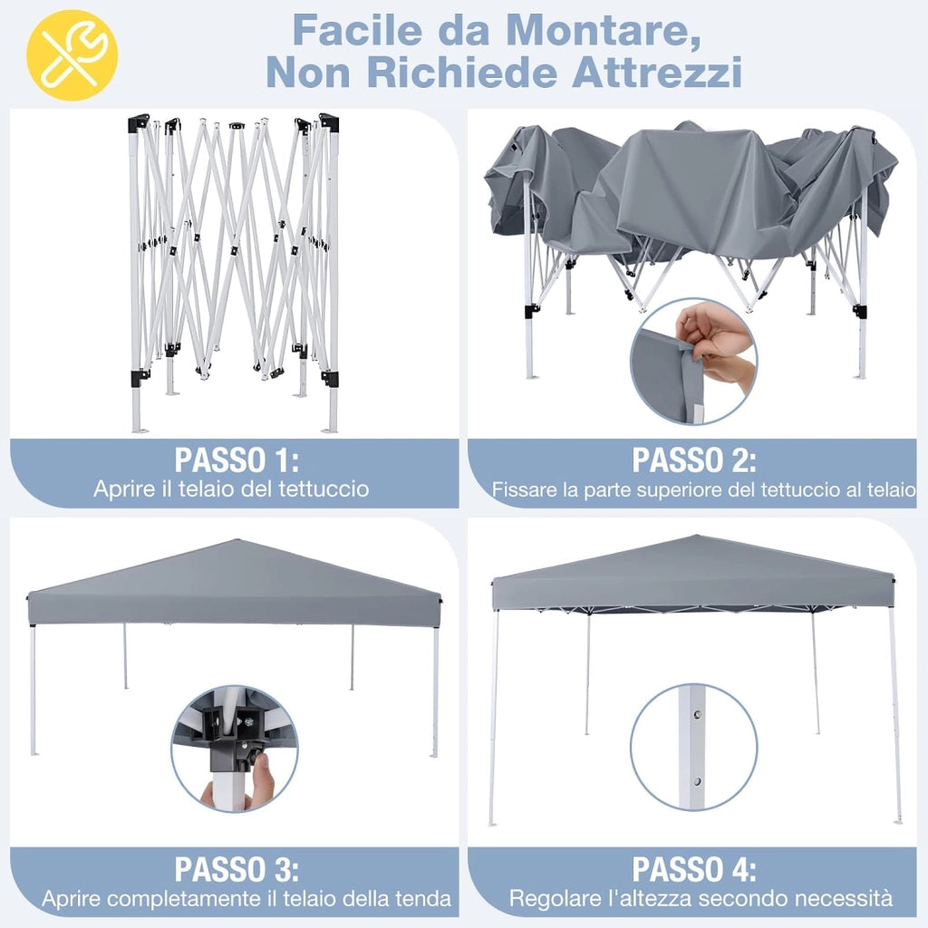 Gazebo da Esterno Pieghevole 290 x 290 cm, Gazebo Pop up con 4 Sacchi di Sabbia e Borsa da Trasporto, Regolabile in Altezza, Telaio Robusto in Metallo, per Mercato, Campeggio (Grigio)