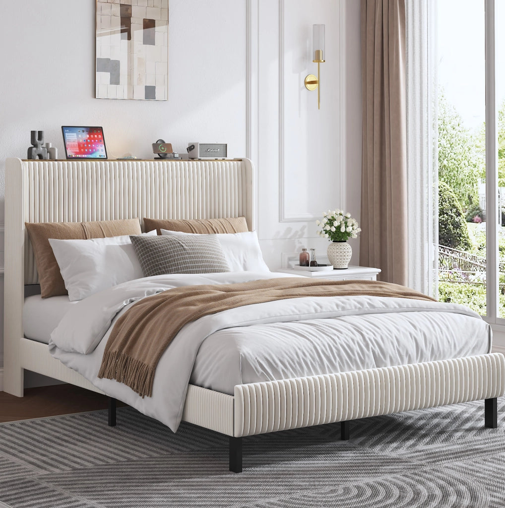 Letto imbottito 140x200 in tessuto effetto velluto con struttura in metallo