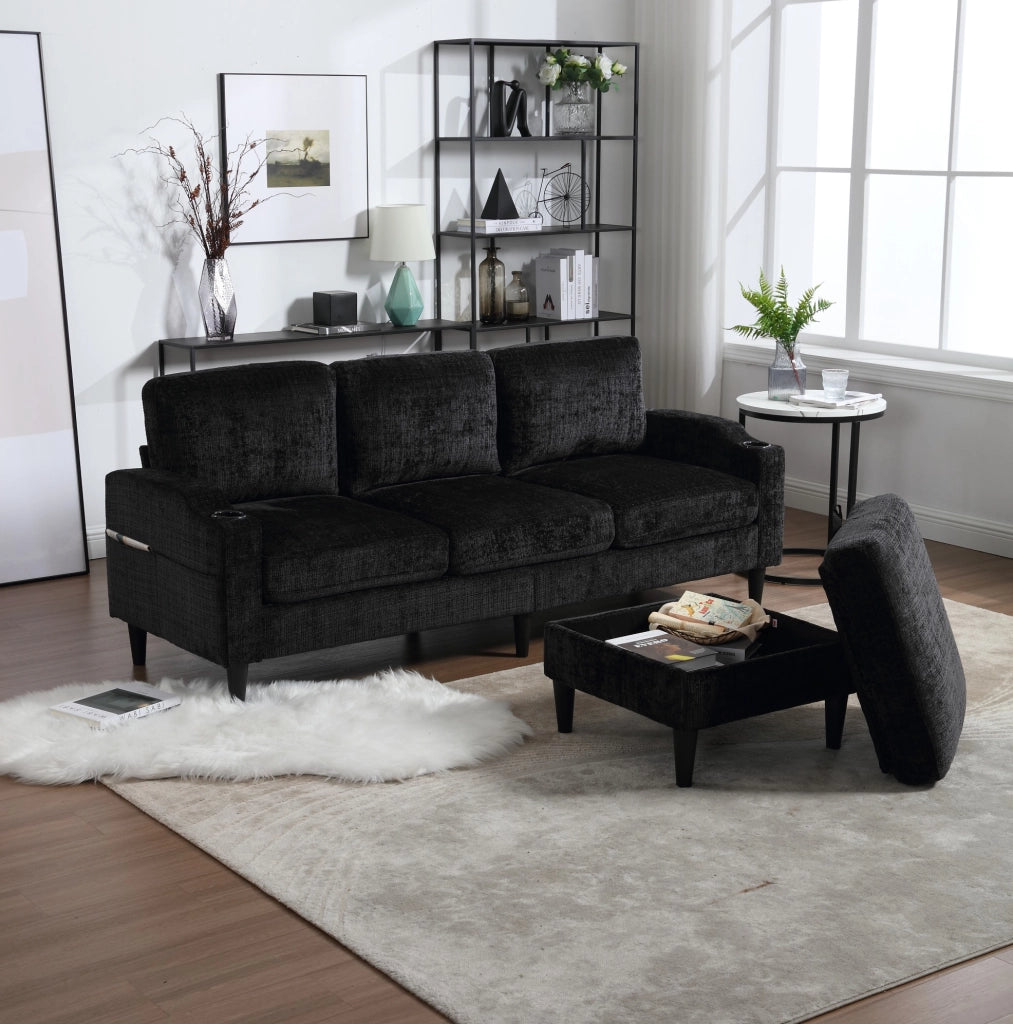 Divano 4 posti con pouf contenitore in chenille nero; porta-bevande e tasche laterali HOMVRA