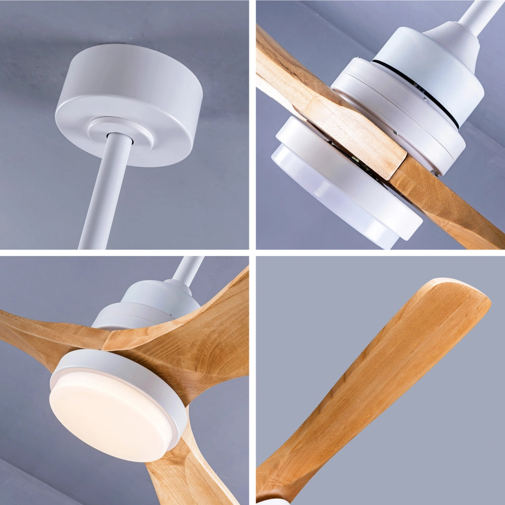 Ventilatore da soffitto con luce a 3 pale in legno e telecomando bianco e naturale per interni ed esterni coperti