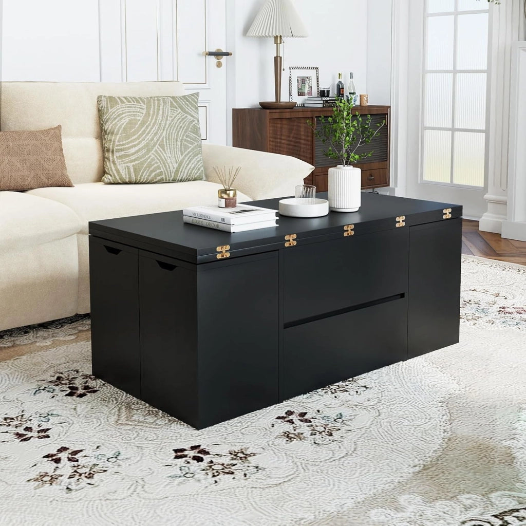 Tavolino con Piano Sollevabile e Pieghevole, Tavolino da Salotto 3 in 1 con 4 Sgabelli Contenitori, Scomparto Nascosto e Cassetto, Tavolo Rettangolare per 4-8 Persone (Nero)
