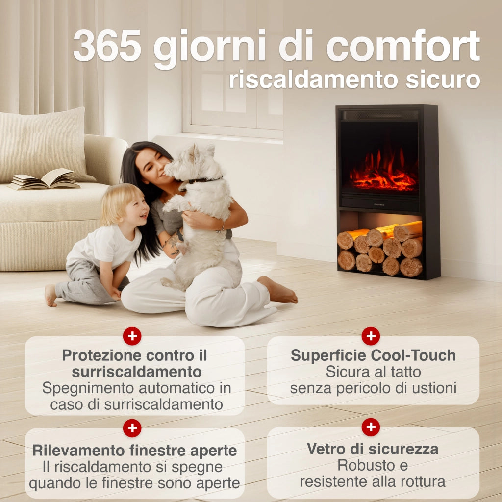 KAMINIO Camino elettrico HUGO - Stufa elettrica con riscaldamento, effetto fiamma 3D, luce ambiente a LED, scomparto de legno, telecomando - Nero