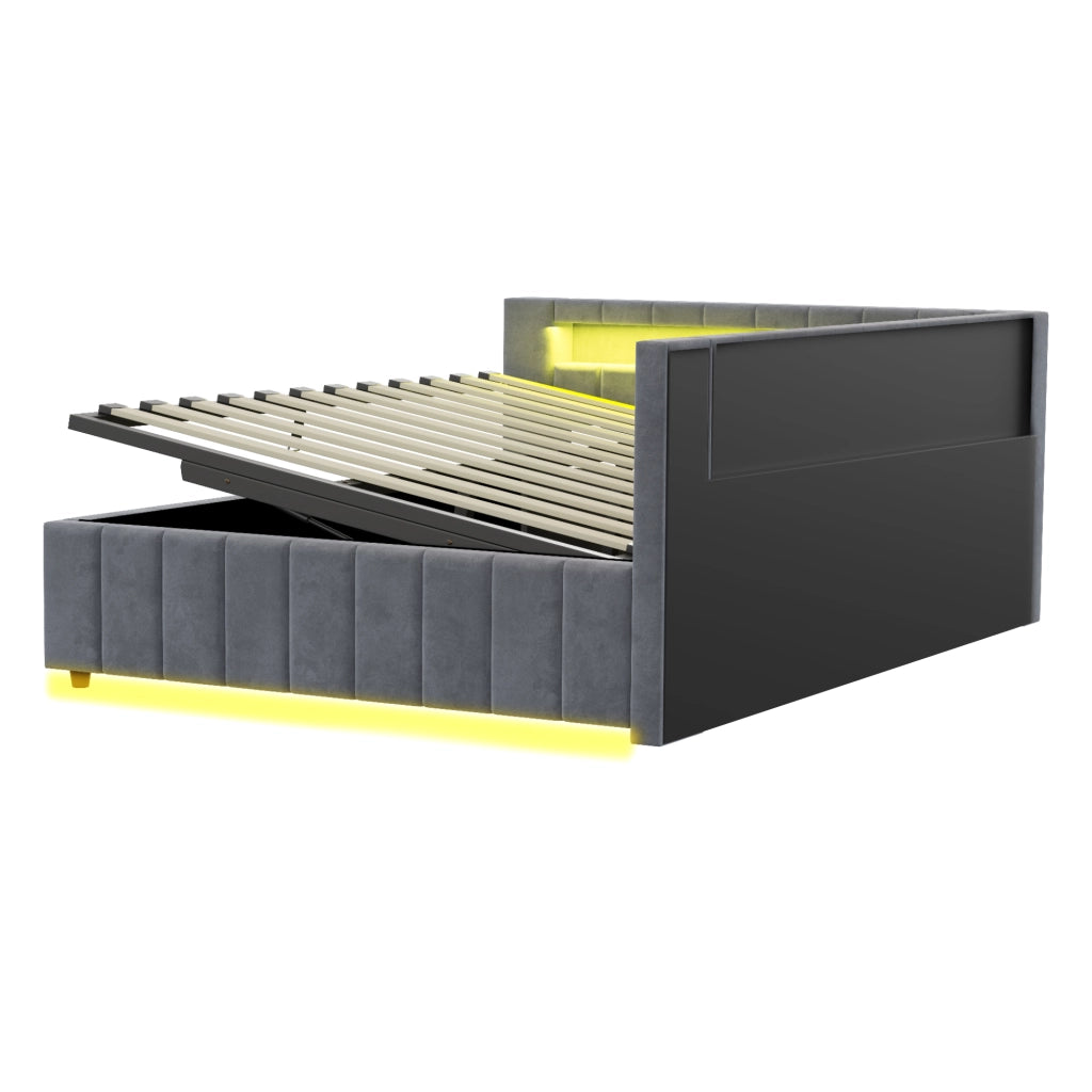DESMIU Letto imbottito 140 × 200 cm 2 posti con LED, USB e vano contenitore idraulico, senza materasso, in velluto, grigio