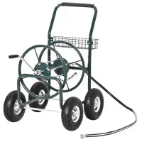 Carrello avvolgitubo d'irrigazione in metallo con impugnatura antiscivolo e Cestino Portaoggetti, Verde