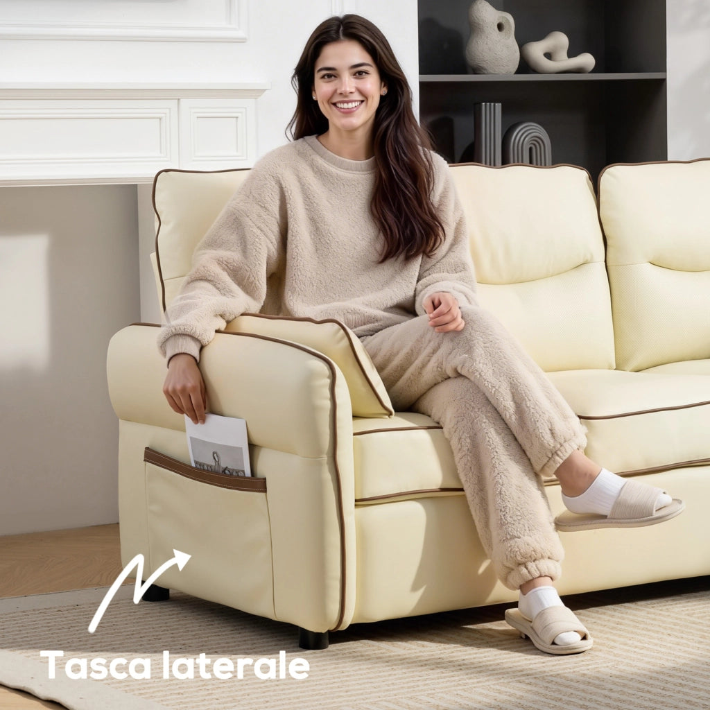 Divano 3 Posti in Similpelle Imbottito con Cuscini ¨C Zephmum ¨C Beige 190x83x90