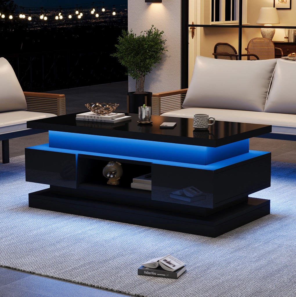 Tavolino elevabile nero con LED, 2 cassetti e porta USB