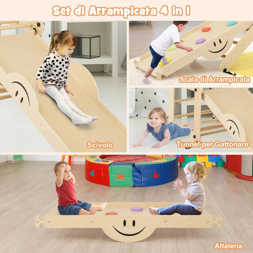 5 in 1 Set da Arrampicata per Bambini, Giochi da Arrampicata Pieghevoli in Legno con Rampe Regolabili e Reversibili, Scala da Arrampicata per Bambini 3+ Anni (Naturale)