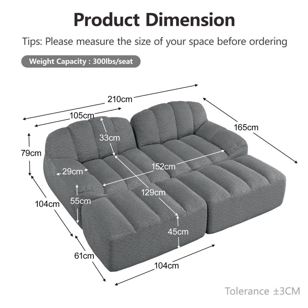 Divano Modulare 2 Posti con 2 Ottoman ¨C MINIMAL ¨C Tessuto Morbido Grigio