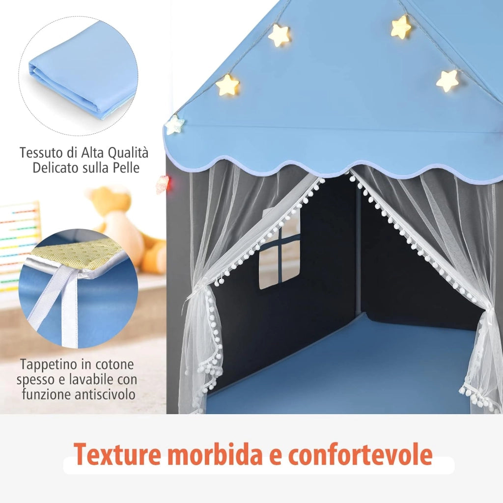 Tenda da Gioco per Bambini, Tenda Castello con Tappetino Lavabile, Luci a Forma di Stella, per Interno ed Esterno, 105 x 121 x 136 cm (Azzurro)