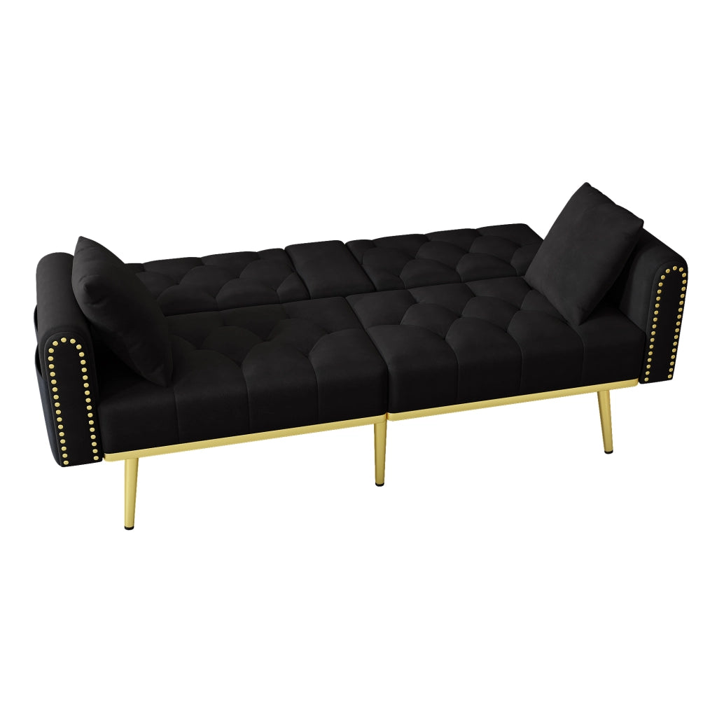 Divano letto in velluto con schienale regolabile, portabicchieri e cuscini, nero 175 × 80 × 73,5 cm