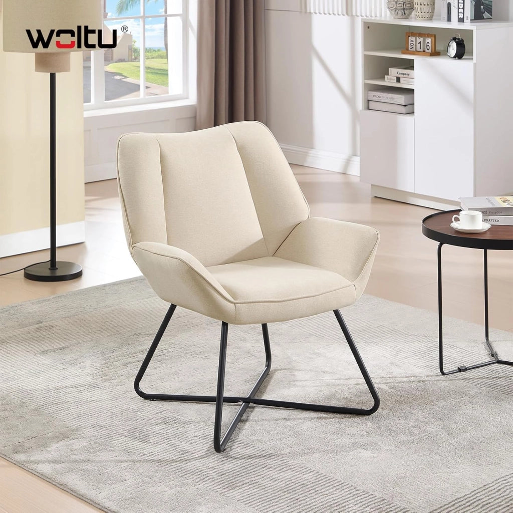 Poltroncina Camera da Letto, Poltrone Salotto, in Lino, con Gambe in Metallo, Portata 150 kg, Beige