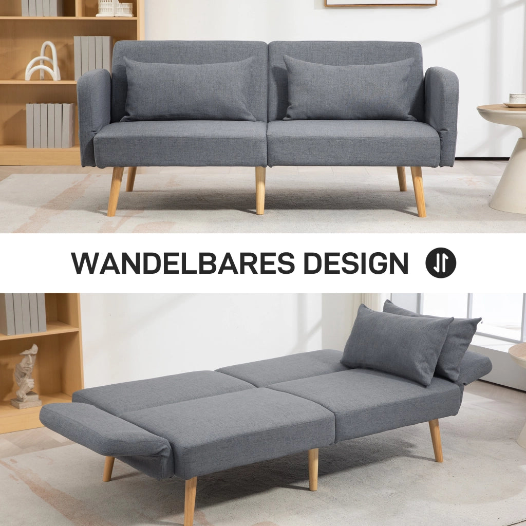 Divano a 3 posti con funzione letto, 170x83x80 cm, con schienale e piedini regolabili in 3 posizioni, molle ondulate, cuscini decorativi, effetto