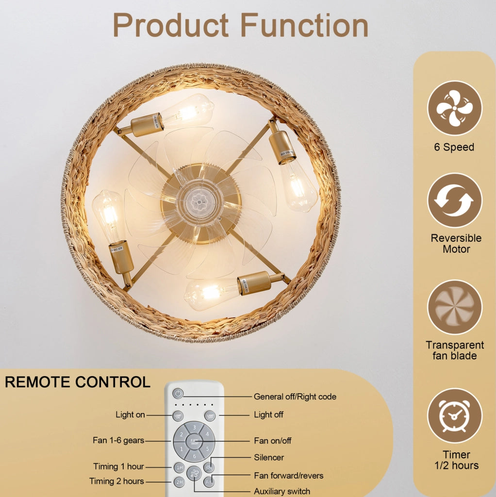 Ventilatore da soffitto con plafoniera in rattan intrecciato; controllo via app e telecomando; colore rame