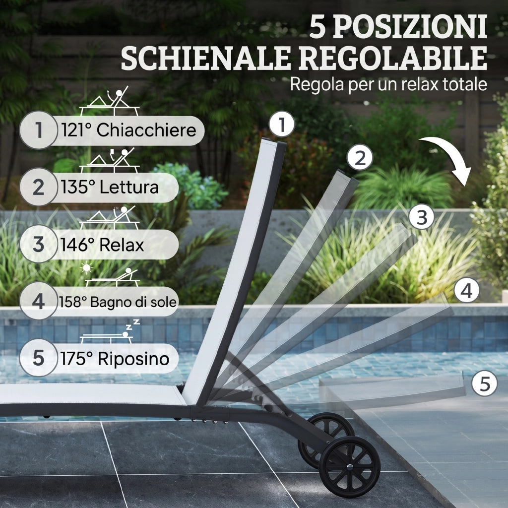 Set 2 Lettini Prendisole con Schienale Reclinabile, in Alluminio e Tessuto Traspirante, 66x165x102 cm, Crema