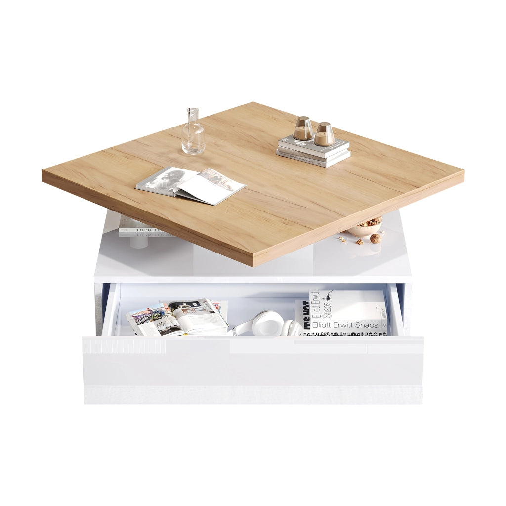 Tavolino da caffè con piano girevole e cassetto - per soggiorno - 70×70×36 cm