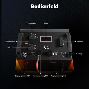 Caricabatterie da 12V e 24V con ruote, funzione d'avviamento, ricarica rapida