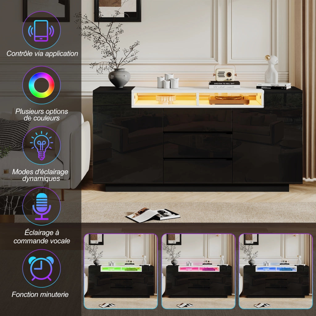 Credenza soggiorno nera 140 cm mobile buffet lucido con LED e cassetti