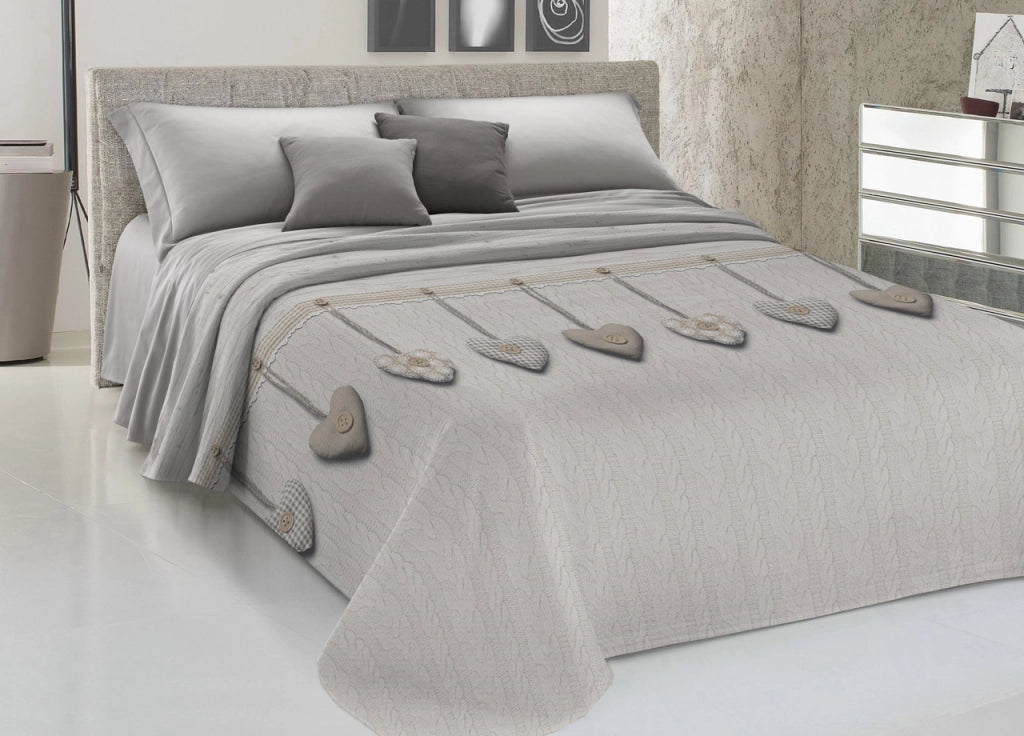 Copriletto Piquet Primavera Estate 100% Cotone Disegno Cuore Appeso - Singolo - Beige