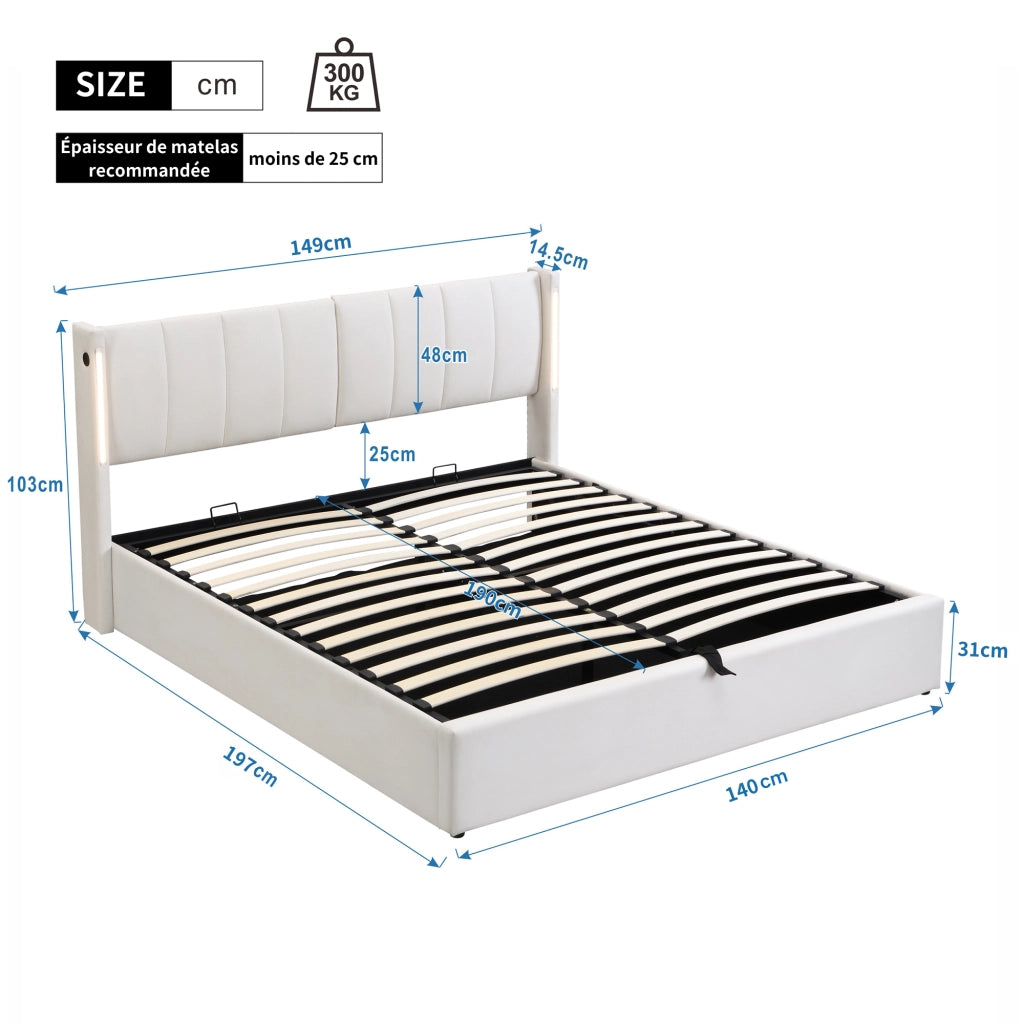 Letto imbottito LED 140x190 cm con porta USB, contenitore sottoletto, testiera regolabile e rivestimento PU bianco
