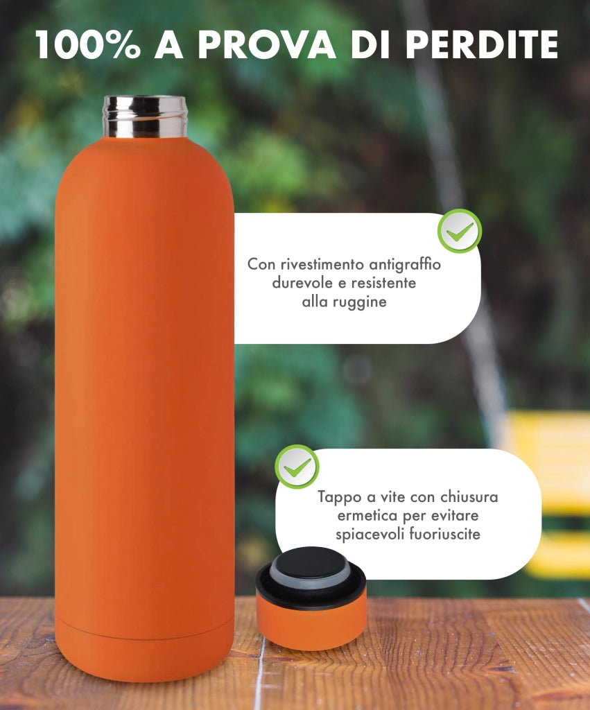 Borraccia Termica 1 Litro Bottiglia Acciaio Inox Inossidabile Doppio Strato 1000 Ml Tappo Antigoccia Doppia Camera Bevande Calde Fredde Termos Sistema Sottovuoto Rivestimento Soft Touch  - Arancio