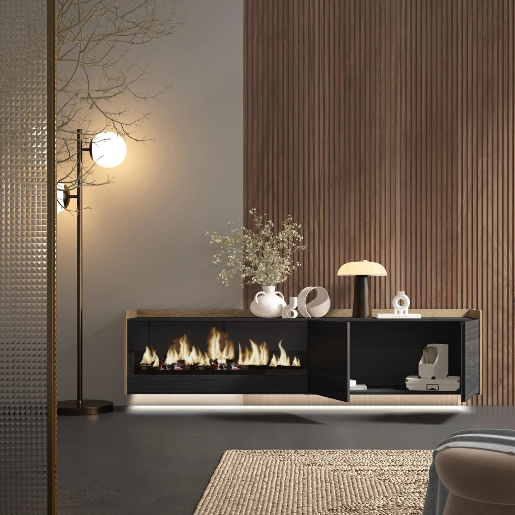Mobile TV Soggiorno, 212x50x35 cm, Per TV fino a 80", Camino elettrico XXL, Sospeso, da appendere, LED, Nero e rovere