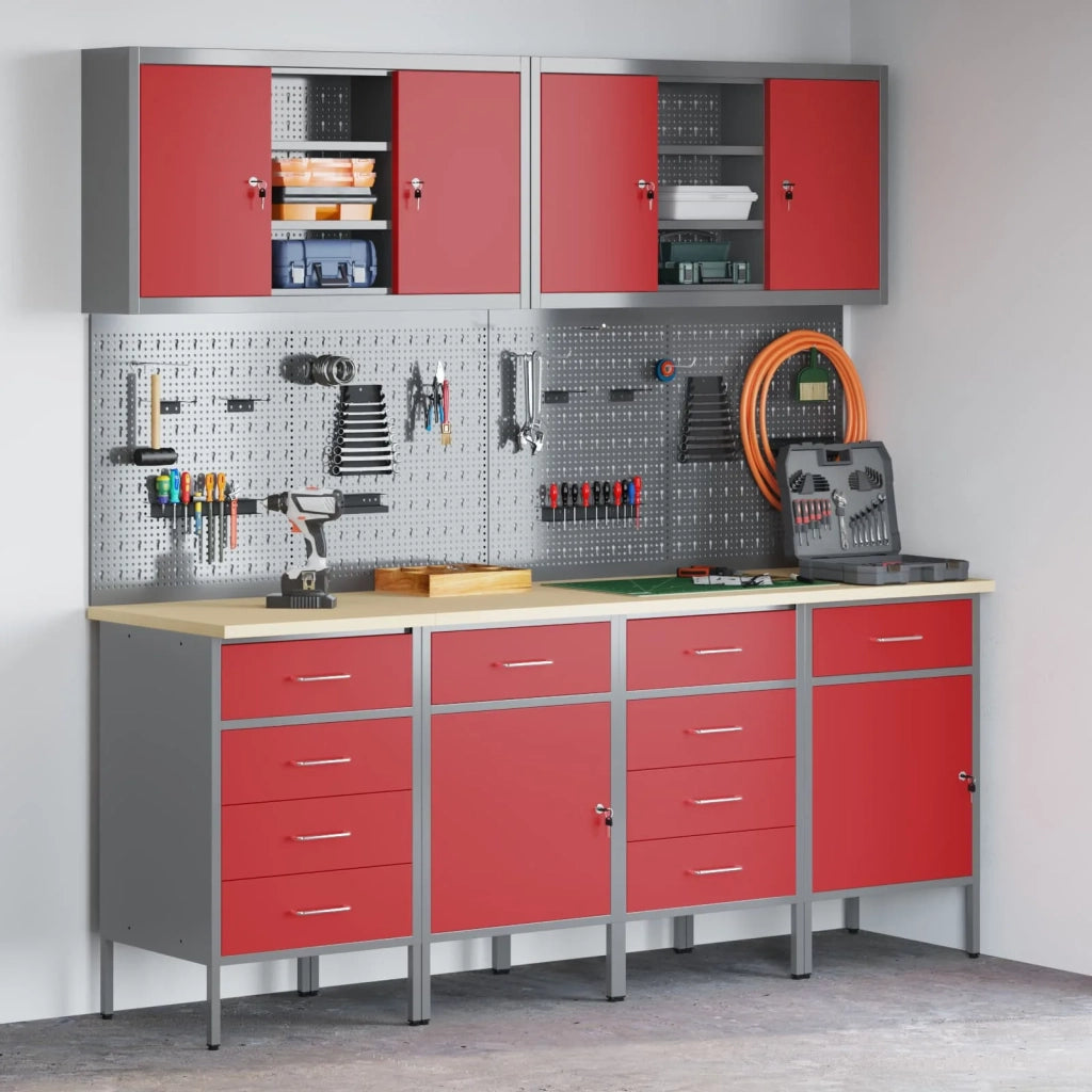 Mobile da lavoro 10 pcs Rosso Legno ingegnerizzato e acciaio 3321491