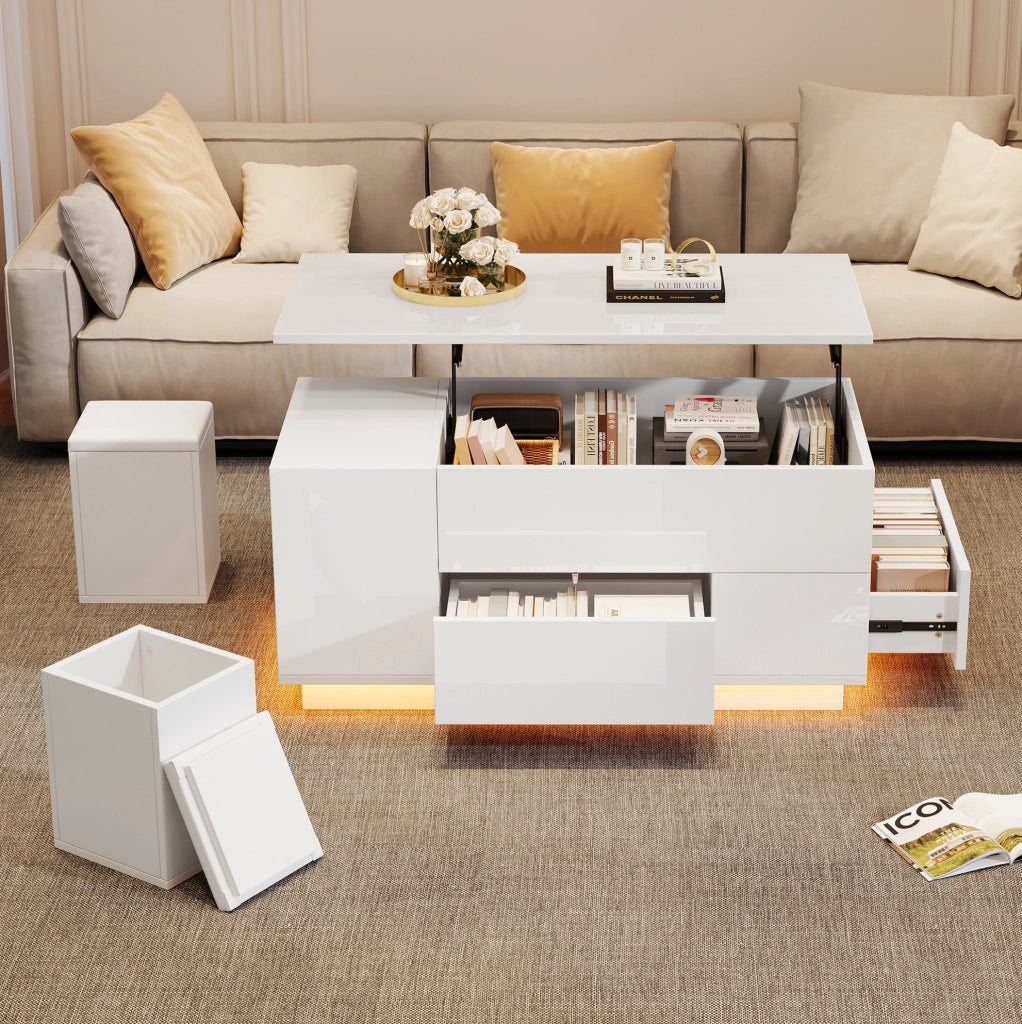 Tavolino da salotto 100x50x45 cm; sollevabile fino a 59 cm con LED e spazio contenitore; truciolato bianco