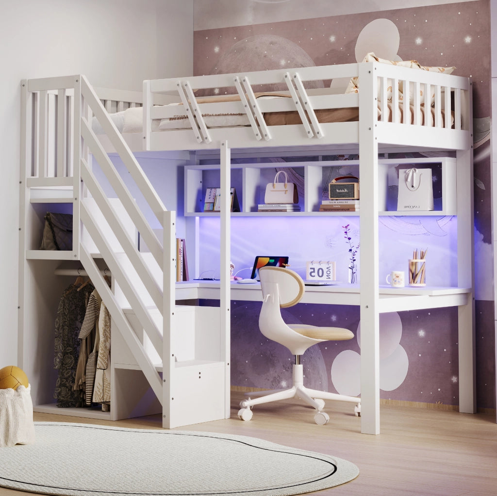 Letto a soppalco 90x200 cm con scrivania; scala contenitore e LED; bianco