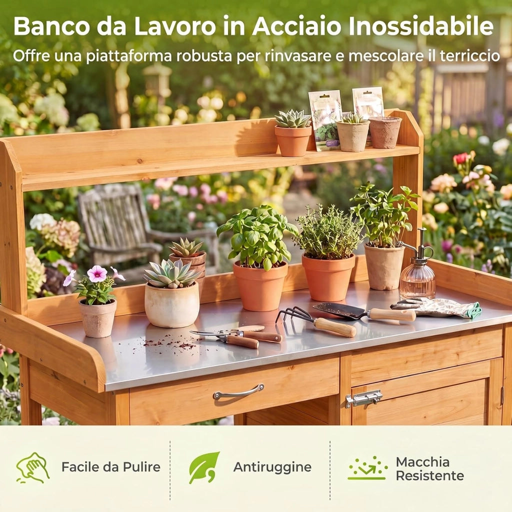 Tavolo da Giardinaggio in Legno con Piano in Acciaio (Legno) | Tavolo per Piante con Ripiani Aperti, Armadietto, Cassetto e 3 Ganci, Banco da Lavoro per Giardino e Balcone, 112x46,5x125 cm