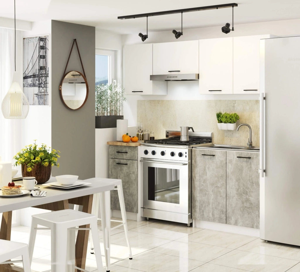 AKORD Set di Mobili da Cucina OLIWIA 180 cm Bianco 180 cm 7 ante 1 cassetto inserto frontale Cemento 180x46x203 cm