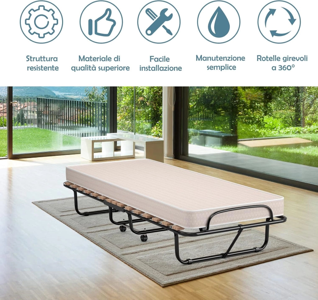Brandina Pieghevole con Materasso, Made in Italy, 190x80cm, in Memory Foam, Lettino Pieghevole con Ruote Girevoli, per Casa Ufficio