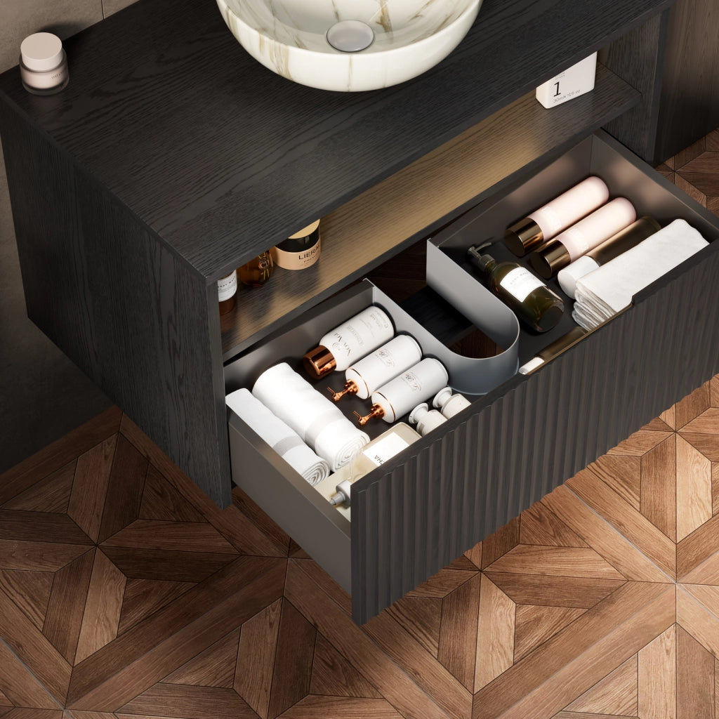 Mobile bagno sospeso con cassetto frontale in legno massello e struttura in compensato per bagno; nero; 89×55×54 cm