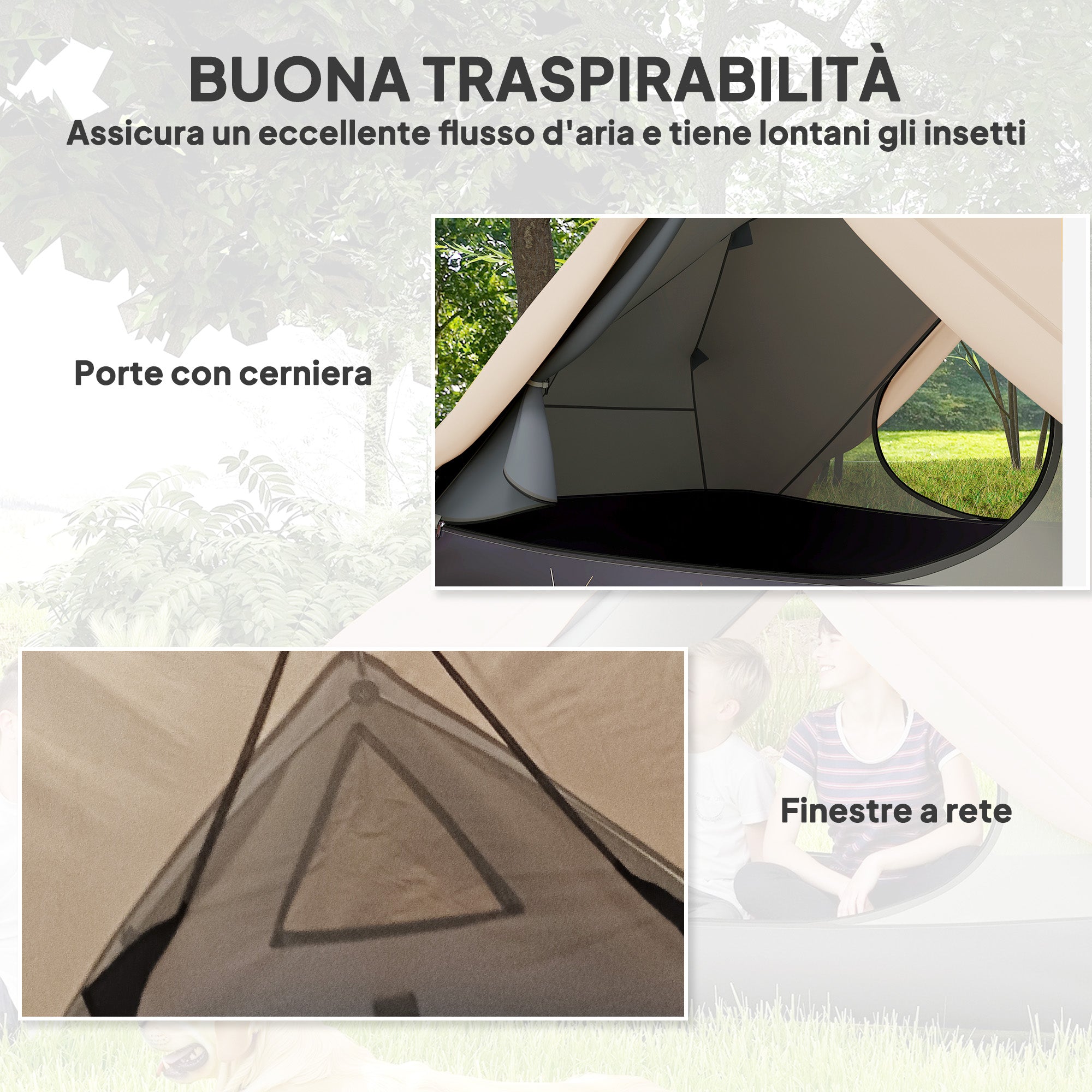 Tenda da Campeggio 2 Posti Impermeabile 280x225x110 cm con 2 Vestiboli e 2 Porte Beige