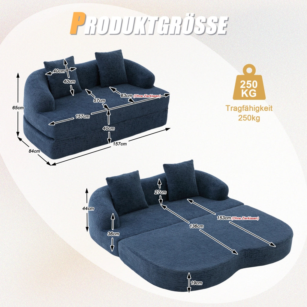 Divano letto pieghevole a due posti in ciniglia blu navy