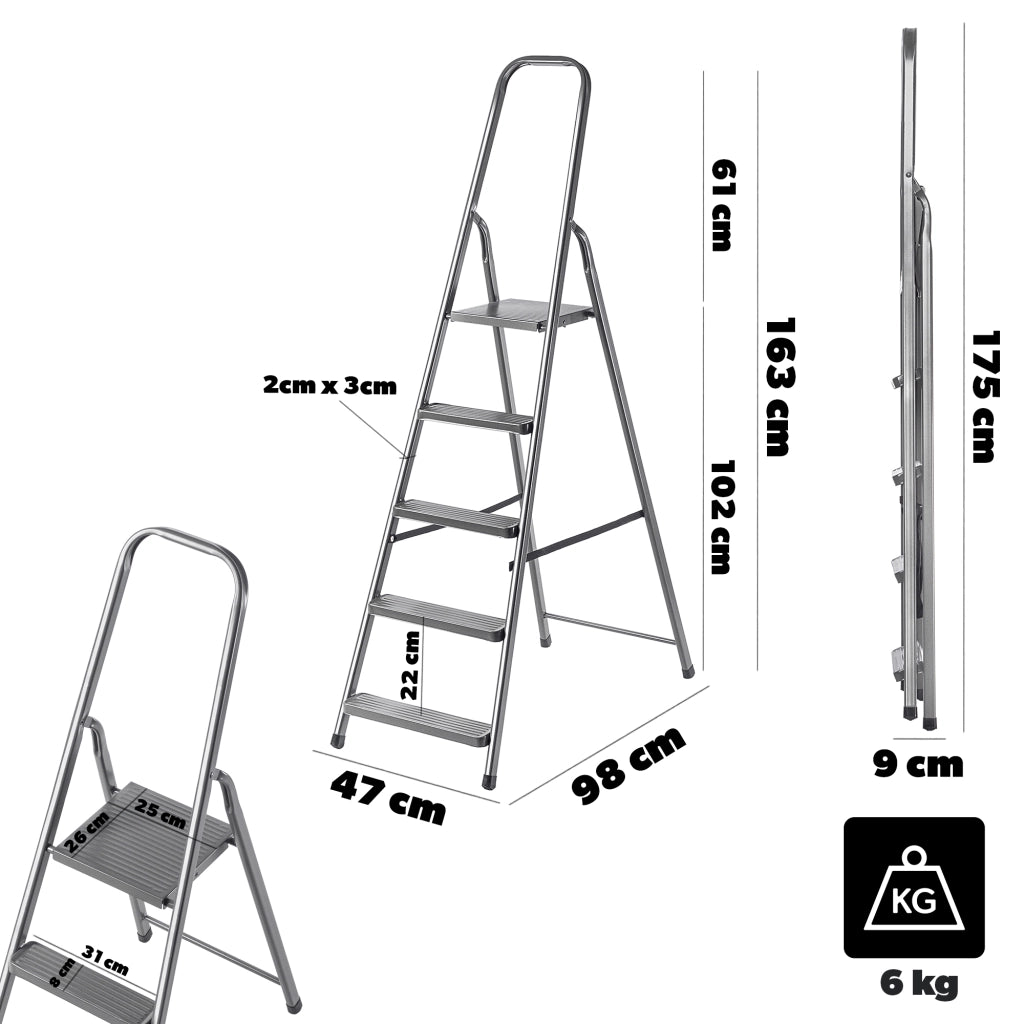 Scala in acciaio KADAX a 5 gradini, pieghevole, monofacciale, portata 125 kg