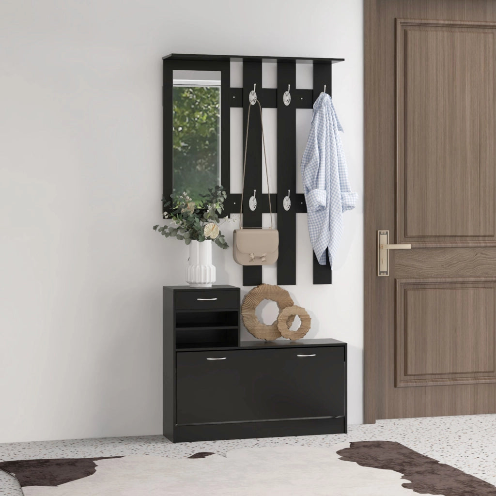 Set Mobile Ingresso con Specchio Appendiabiti e Scarpiera ¨C Xylo ¨C 6 Ganci Nero