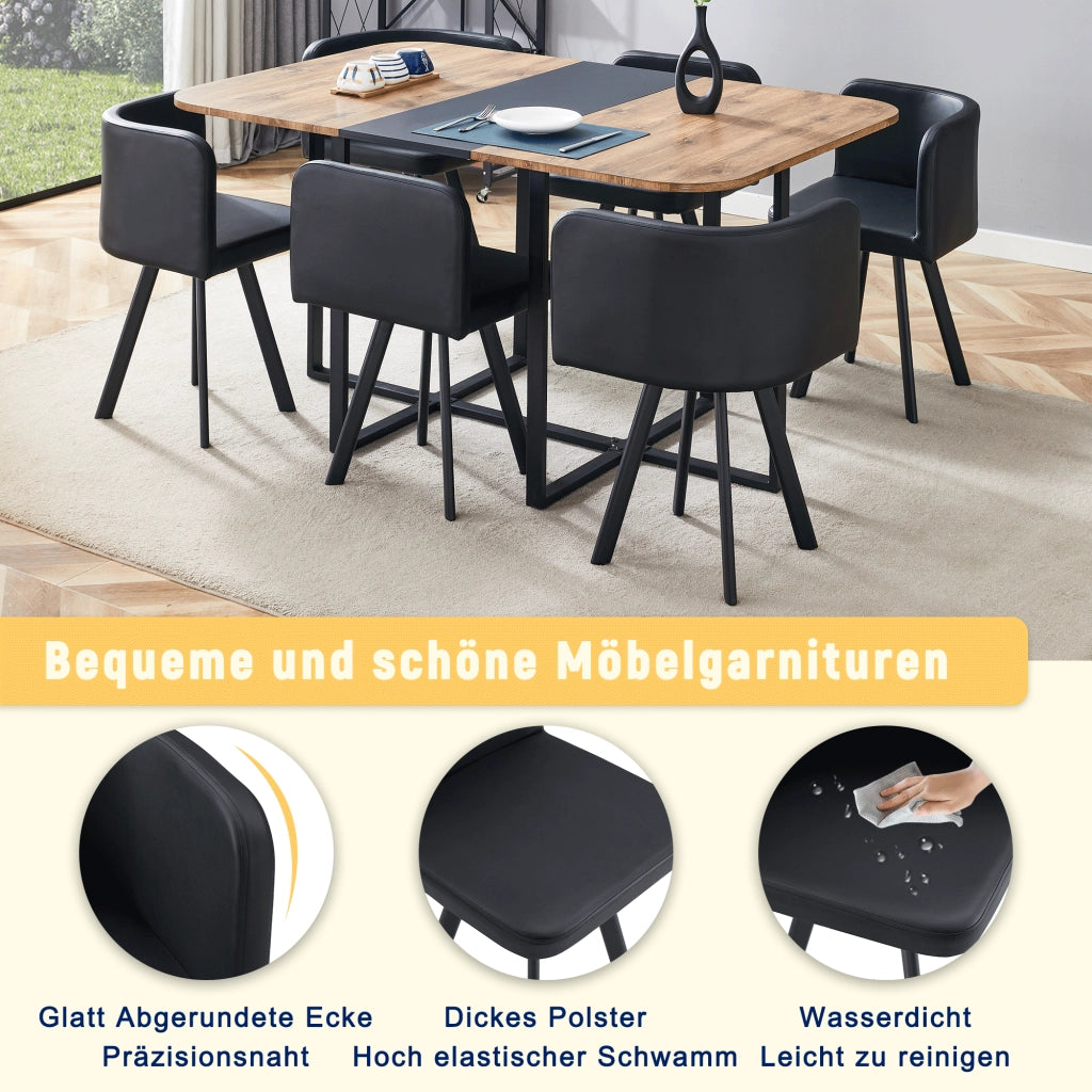 Tavolo da pranzo allungabile con sedie contenibili per 4 6 persone in MDF e metallo nero e effetto legno