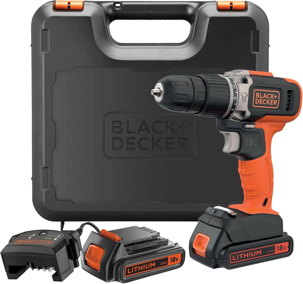 BLACK+DECKER Trapano a percussione a batteria da 18V a 2 velocità con due batterie da 1,5Ah e caricatore da 400mA, coppia di 45Nm, luce da lavoro a LED, BCD003C2K-QW
