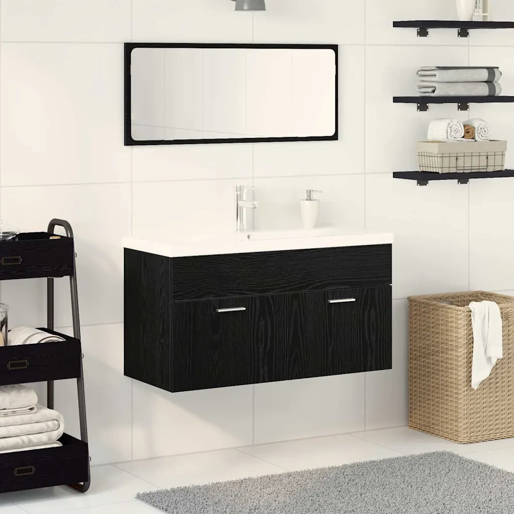Set di mobili per il Bagno | Armadio da bagno 3 pz Rovere Nero Legno multistrato