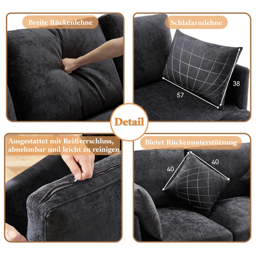 Divano Angolare Modulare con Pouf Mobile e 4 Cuscini; Convertibile in 3 Posti; in Ciniglia; Grigio; 216 × 161 × 81 cm