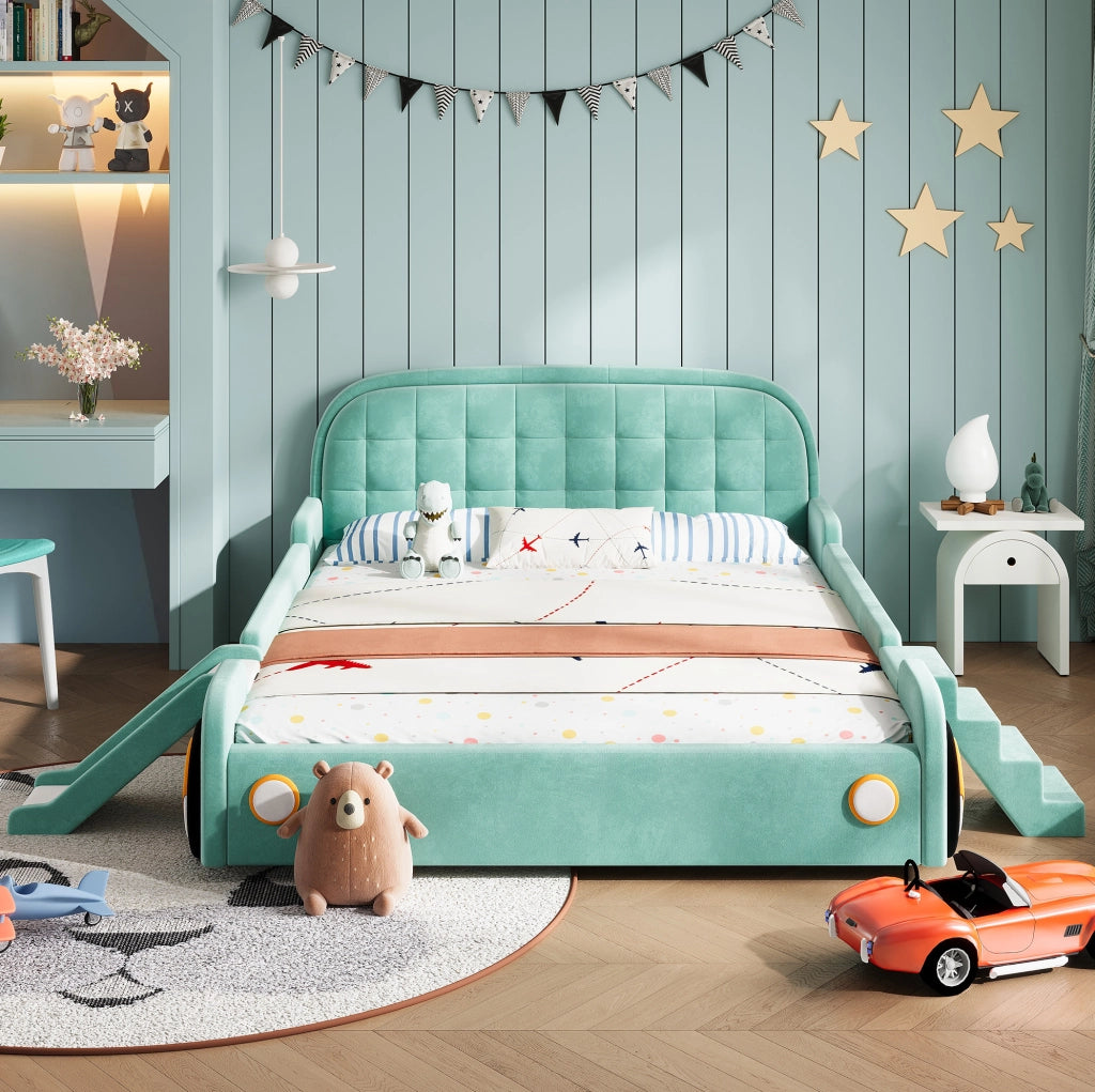 Letto per bambini 140x200 cm a forma di auto con scivolo e scala reversibili in velluto blu-verde