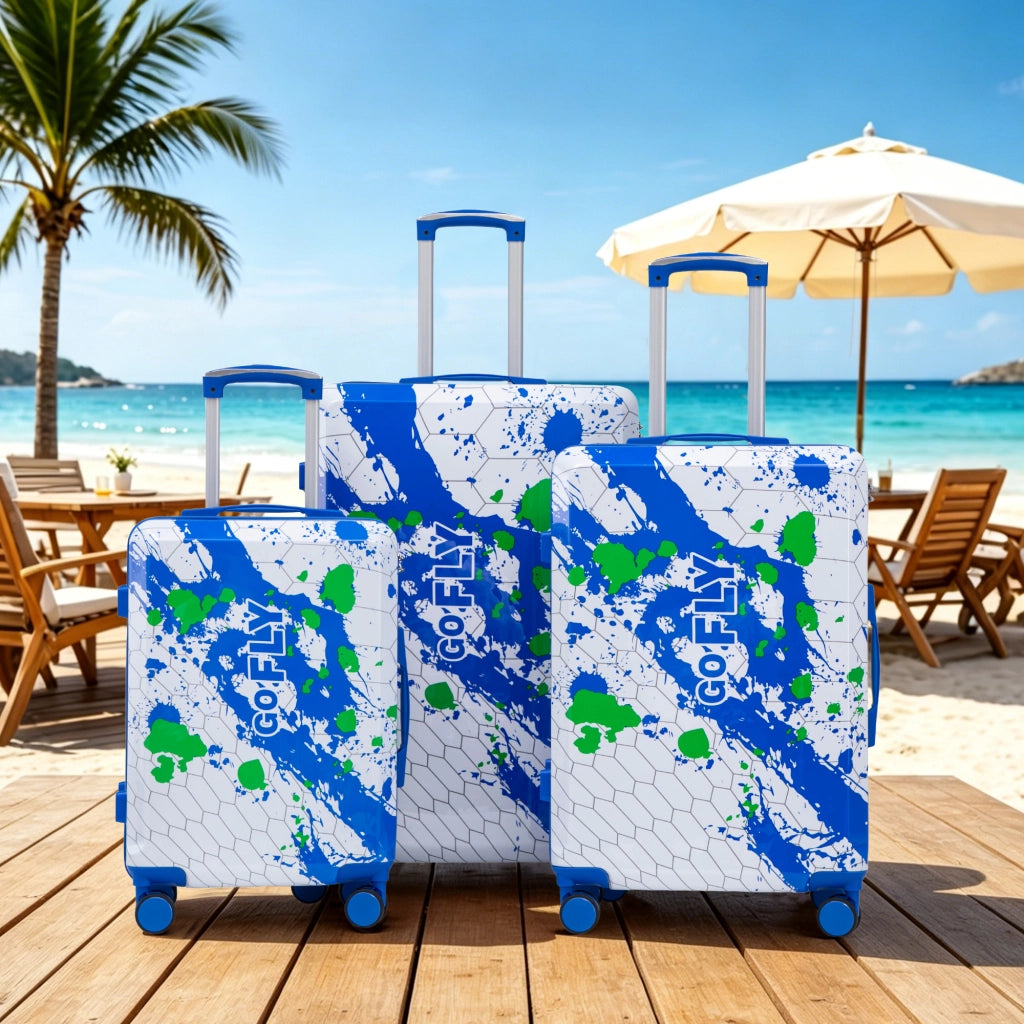 Set di 3 valigie da 20"/24"/28" in materiale PC con stampa fantasia e lucchetto a combinazione (blu)