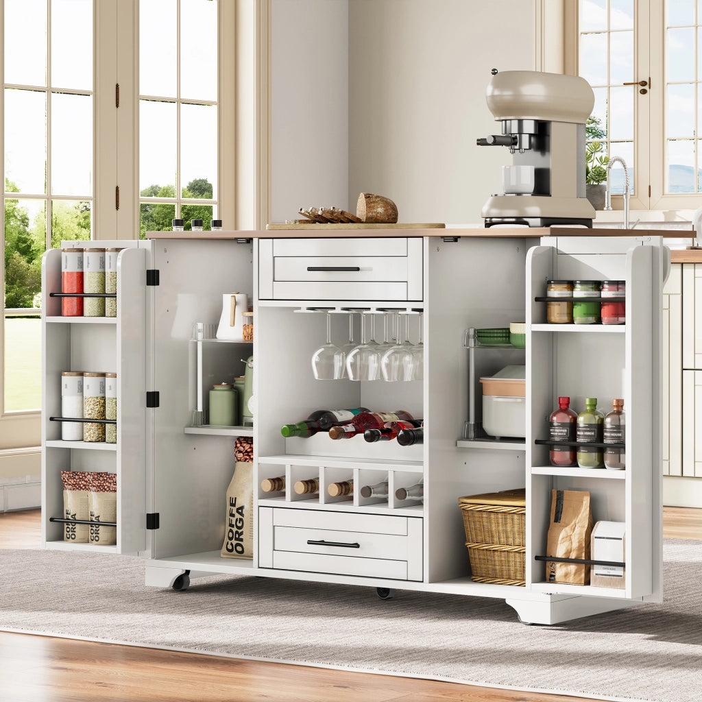 Carrello da cucina con piano ribaltabile, portabottiglie, portabicchieri, portaspezie e portasalviette, 138x45(70)x92 cm