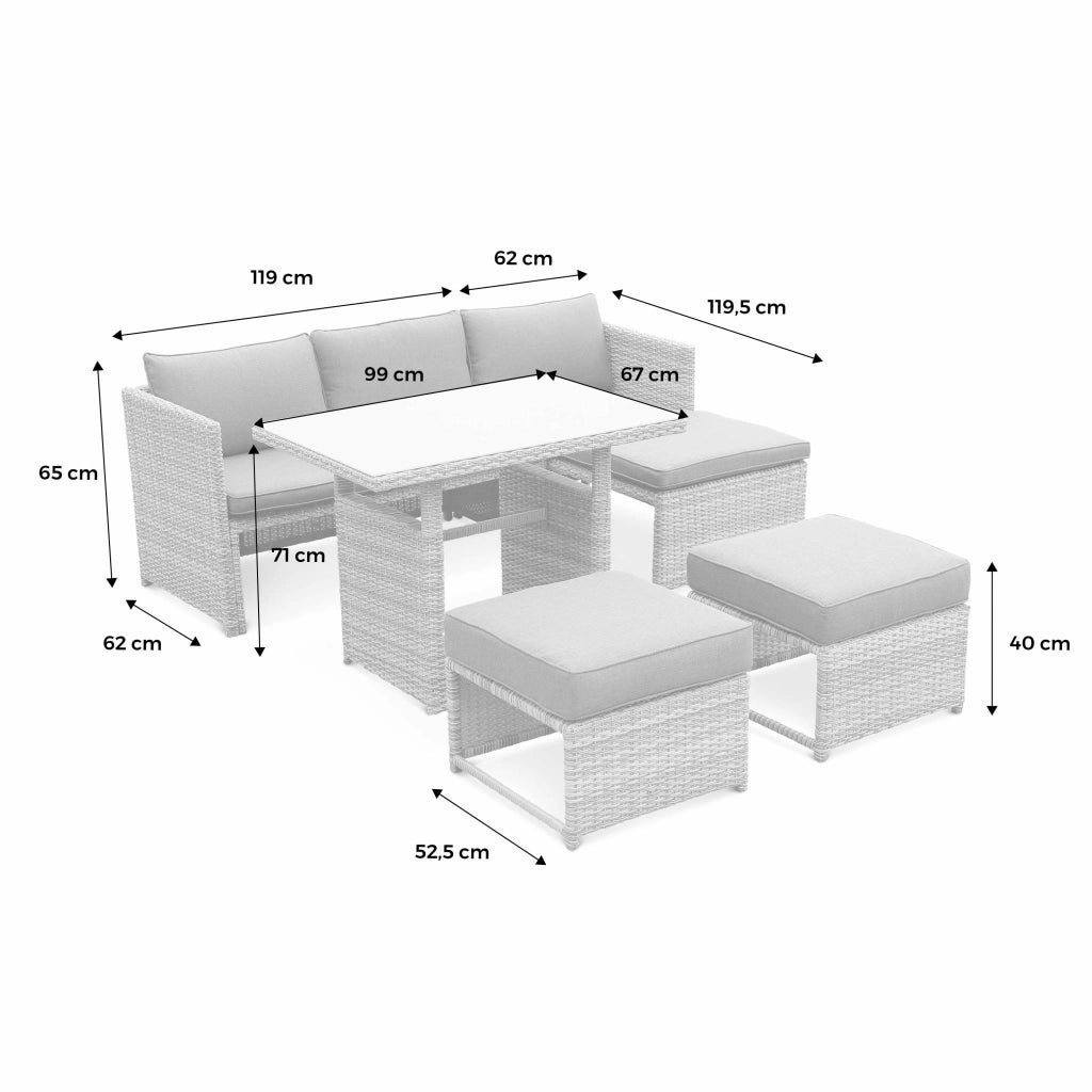 Set tavolo da giardino con pouf a incasso con 6 posti, marrone