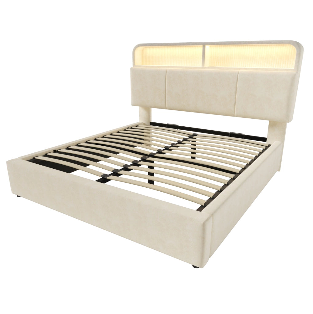 Letto matrimoniale 160x200 cm in velluto beige con testiera regolabile; LED; USB e contenitore
