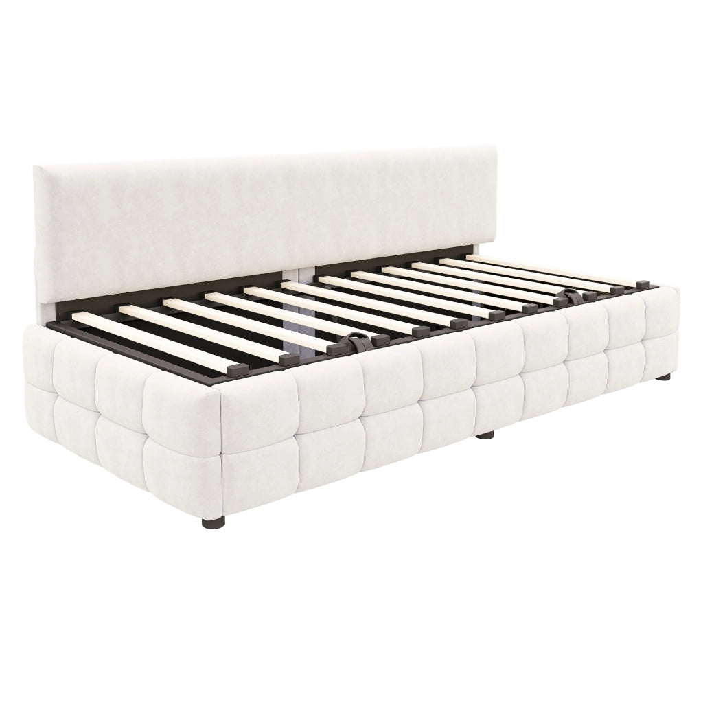 Letto imbottito singolo 90×200 cm con contenitore idraulico; rete a doghe e senza materasso; beige