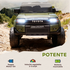 Macchina Elettrica per Bambini Toyota Land Cruiser 12V con Telecomando Età 3-6 Anni Verde